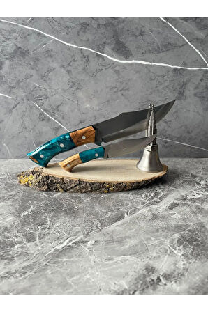 Hibrit Babalı Oğullu Kamp Bıçağı Seti - Yeşil Epoksi Kabze, Kılıflı, Outdoor & Hediyelik