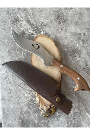 Ayyıldız Desenli 4116 Çelik Kamp & Av Bıçağı – Oyma Kurt Başlıklı Kök Ceviz Kabze, Özel Kılıflı