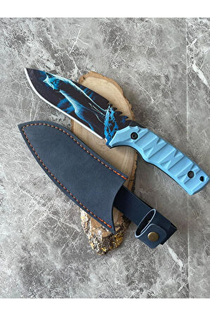 Kurt Kaplama Çelik Kamp Bıçağı – Mavi Kompakt Kabze, Özel Kılıflı, 27,5 cm