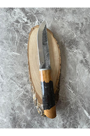 Dövme Çelik Kamp & Av Bıçağı – Hibrit Mor Epoksi Kabze, Gizli Kuyruk, Özel Kılıflı, 25 cm