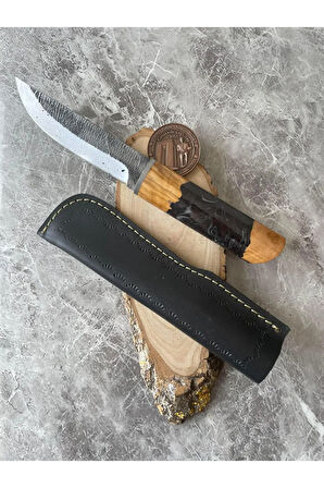 Dövme Çelik Kamp & Av Bıçağı – Hibrit Mor Epoksi Kabze, Gizli Kuyruk, Özel Kılıflı, 25 cm