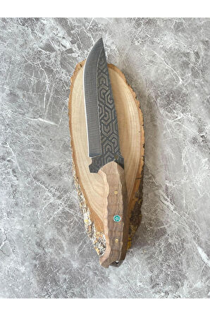 Damascus Desenli Kamp ve Av Bıçağı – Dramer Ceviz Kabze, Özel Kılıflı, 26,5 cm Outdoor Bıçak