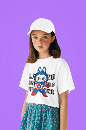 Kaptan Amerika Labubu Baskılı Unisex Çizgi Film Çocuk Tişört (1-12 Yaş)