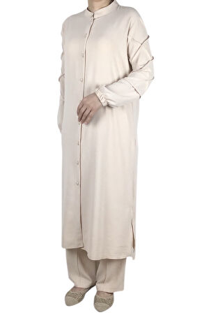 KADIN ÖNÜ DÜĞMELİ KOLLARI LASTİKLİ PANTOLON BELİ LASTİKLİ AYROBİN TAKIM