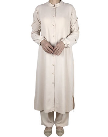 KADIN ÖNÜ DÜĞMELİ KOLLARI LASTİKLİ PANTOLON BELİ LASTİKLİ AYROBİN TAKIM