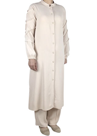 KADIN ÖNÜ DÜĞMELİ KOLLARI LASTİKLİ PANTOLON BELİ LASTİKLİ AYROBİN TAKIM