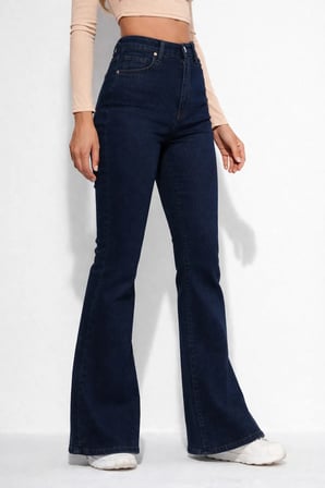 Kadın Yüksek Bel İspanyol Paça Power Likra Kot Denim Jean Lacivert / 40