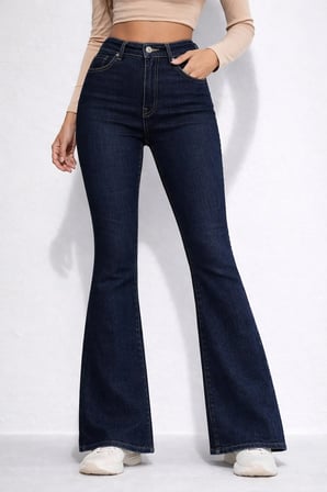 Kadın Yüksek Bel İspanyol Paça Power Likra Kot Denim Jean Lacivert / 40