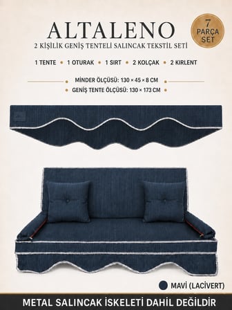 Zish Home ALTALENO Mavi 2 Kişilik 130×45 cm 173x130 geniş tenteli Süngerli Bahçe Balkon Salıncak Minderi | Yıkanabilir Kılıflı, Tenteli Keten Kumaş Tekstil Seti | 24 DNS 8 cm Orta Sert Sünger