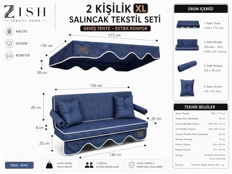 Zish Home ALTALENO Mavi 2 Kişilik 130×45 cm 173x130 geniş tenteli Süngerli Bahçe Balkon Salıncak Minderi | Yıkanabilir Kılıflı, Tenteli Keten Kumaş Tekstil Seti | 24 DNS 8 cm Orta Sert Sünger