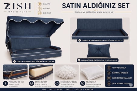 2 Kişilik Bahçe Balkon Salıncağı Tekstil Seti 140x45x8 Cm Minder Ölçüsü Oturak Sırt Minderi ve Tente Takımı LACİVERT, Metal iskelet dahil değildir