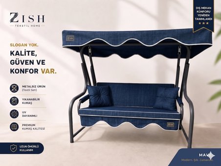  2 Kişilik Bahçe Balkon Salıncağı Tekstil Seti 130x45x8 Cm Minder Ölçüsü Oturak Sırt Minderi ve Tente Takımı LACİVERT, Metal iskelet dahil değildir