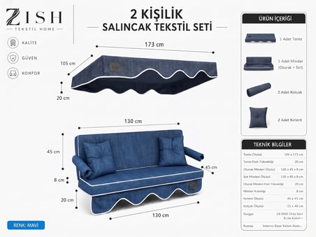  2 Kişilik Bahçe Balkon Salıncağı Tekstil Seti 130x45x8 Cm Minder Ölçüsü Oturak Sırt Minderi ve Tente Takımı LACİVERT, Metal iskelet dahil değildir