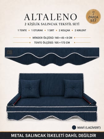 Zish Home ALTALENO Mavi 2 Kişilik 140×45 cm Süngerli Bahçe Balkon Salıncak Minderi | Yıkanabilir Kılıflı, Tenteli Keten Kumaş Tekstil Seti | 24 DNS 8 cm Orta Sert Sünger