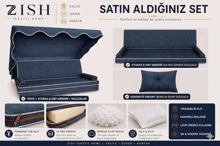 Zish Home ALTALENO Mavi 2 Kişilik 140×45 cm Süngerli Bahçe Balkon Salıncak Minderi | Yıkanabilir Kılıflı, Tenteli Keten Kumaş Tekstil Seti | 24 DNS 8 cm Orta Sert Sünger