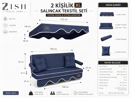 2 Kişilik Bahçe Balkon Salıncağı Tekstil Seti 140x45x8 Cm Minder Ölçüsü Oturak Sırt Minderi ve Tente Takımı LACİVERT, Metal iskelet dahil değildir