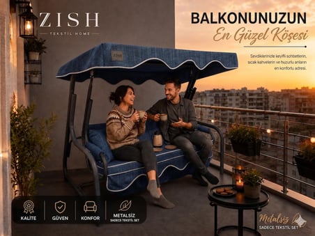 Zish Home ALTALENO Mavi 3 Kişilik 150×48 cm Süngerli Bahçe Balkon Salıncak Minderi | Yıkanabilir Kılıflı, Tenteli Keten Kumaş Tekstil Seti | 24 DNS 8 cm Orta Sert Sünger