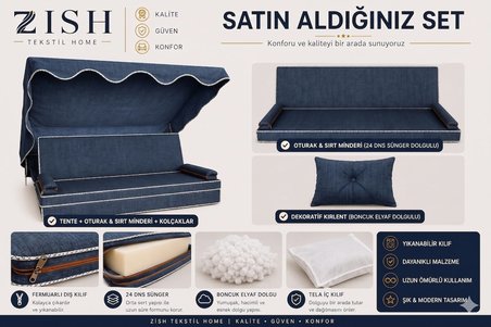 3 Kişilik Bahçe Balkon Salıncağı Tekstil Seti 150x48x8 Cm Minder Ölçüsü Oturak Sırt Minderi ve Tente Takımı LACİVERT, Metal iskelet dahil değildir