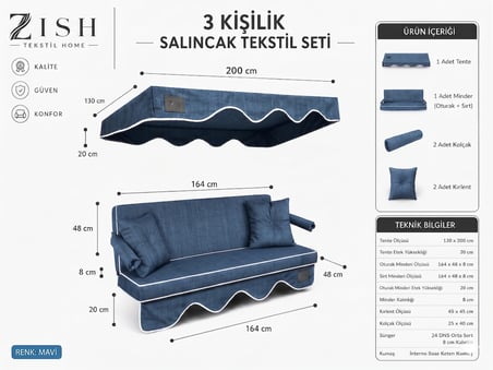 3 Kişilik Bahçe Balkon Salıncağı Tekstil Seti 164x48x8 Cm Minder Ölçüsü Oturak Sırt Minderi ve Tente Takımı LACİVERT, Metal iskelet dahil değildir 