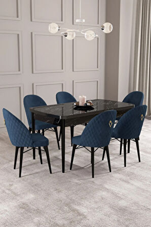 Arya Siyah Mermer Desen 80x132 MDF Açılabilir Mutfak Masası Takımı 6  Sandalye
