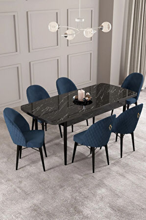 Arya Siyah Mermer Desen 80x132 MDF Açılabilir Mutfak Masası Takımı 6  Sandalye