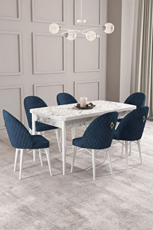 Calvin Beyaz Mermer Desen 80x132 MDF Açılabilir Mutfak Masası Takımı 6  Sandalye