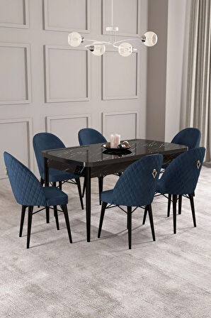 Calvin Siyah Mermer Desen 80x132 MDF Açılabilir Mutfak Masası Takımı 6  Sandalye