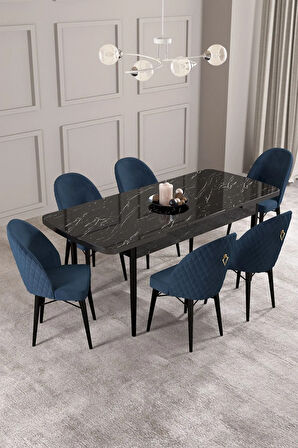 Calvin Siyah Mermer Desen 80x132 MDF Açılabilir Mutfak Masası Takımı 6  Sandalye