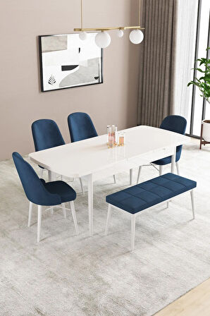 Fonza Beyaz 80x132 MDF Açılabilir Mutfak Masası Takımı 4 Sandalye , 1 Bench