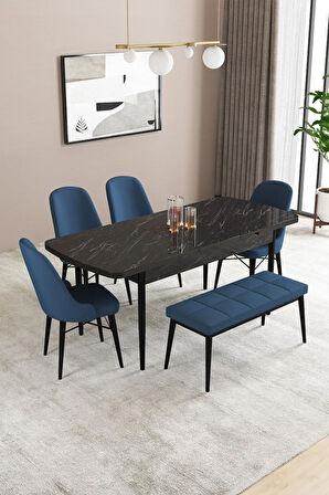 Fonza Siyah Mermer Desen 80x132 MDF Açılabilir Mutfak Masası Takımı 4 Sandalye , 1 Bench