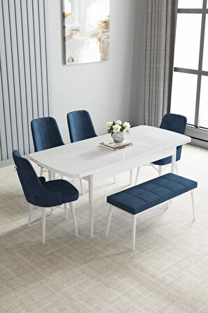 Jusie Beyaz 80x132 Açılabilir Mutfak Masası Takımı 4 Sandalye, 1 Bench