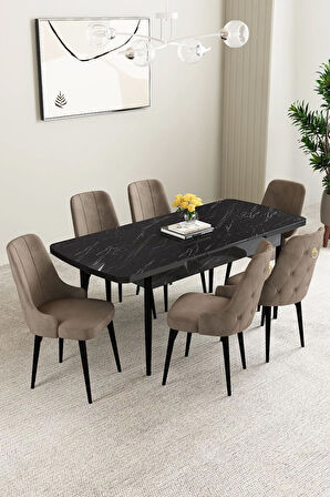 Milas Siyah Mermer Desen 80x132 MDF Açılabilir Mutfak Masası Takımı 4 Sandalye, 1 Bench