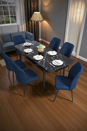 Bara Siyah Mermer 80X132 Açılabilir Sunta Masa Yemek Odası Takımı, Mutfak Takımı 6 Adet Sandalye