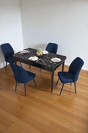 Bara Siyah Mermer 80X132 Açılabilir Sunta Masa Yemek Odası Takımı, Mutfak Takımı 4 Adet Sandalye