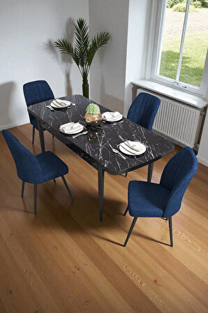 Bara Siyah Mermer 80X132 Açılabilir Sunta Masa Yemek Odası Takımı, Mutfak Takımı 4 Adet Sandalye