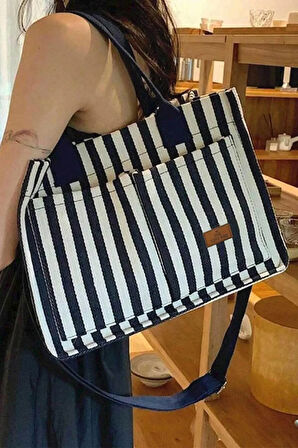 Lacivert Çizgili The Tote Bag Kadın Omuz Çantası