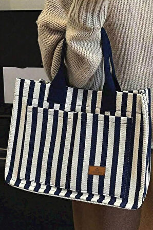 Lacivert Çizgili The Tote Bag Kadın Omuz Çantası
