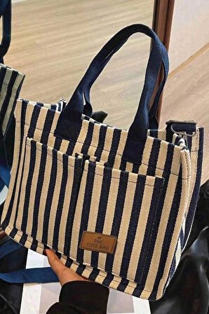 Lacivert Çizgili The Tote Bag Kadın Omuz Çantası