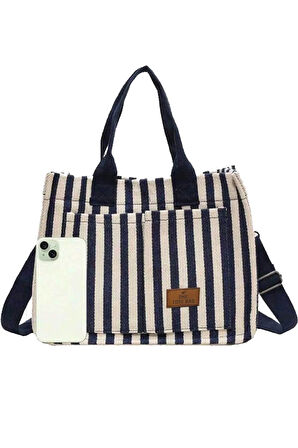 Lacivert Çizgili The Tote Bag Kadın Omuz Çantası