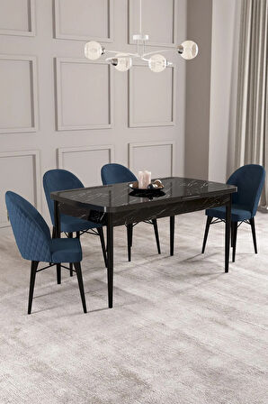Arya Siyah Mermer Desen 80x132 MDF Açılabilir Mutfak Masası Takımı 4  Sandalye