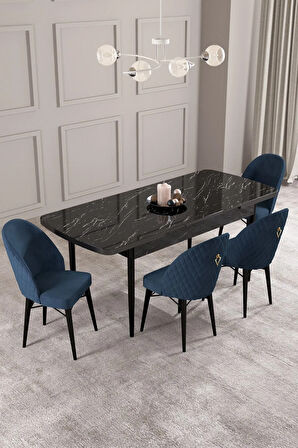 Arya Siyah Mermer Desen 80x132 MDF Açılabilir Mutfak Masası Takımı 4  Sandalye