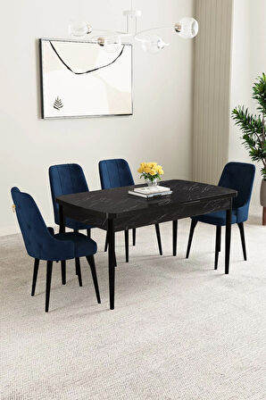 Ashira MDF Siyah Mermer Desen Açılabilir 80x132 Cm 4 Sandalyeli Mutfak Masası Takımı