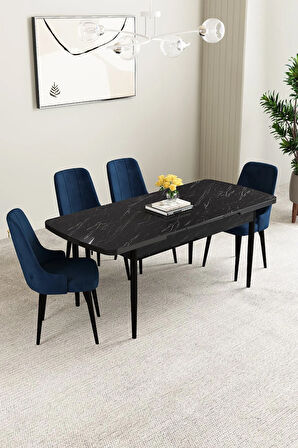 Ashira MDF Siyah Mermer Desen Açılabilir 80x132 Cm 4 Sandalyeli Mutfak Masası Takımı