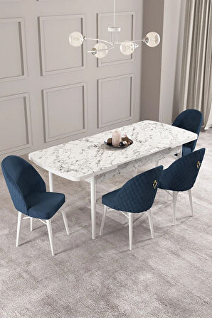 Calvin Beyaz Mermer Desen 80x132 MDF Açılabilir Mutfak Masası Takımı 4  Sandalye