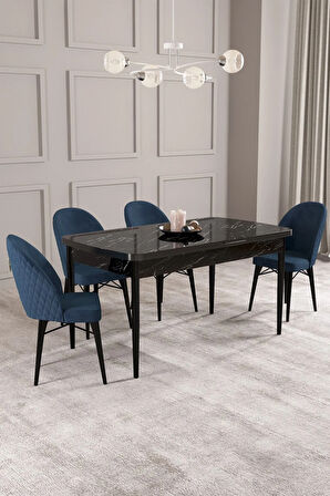 Calvin Siyah Mermer Desen 80x132 MDF Açılabilir Mutfak Masası Takımı 4  Sandalye