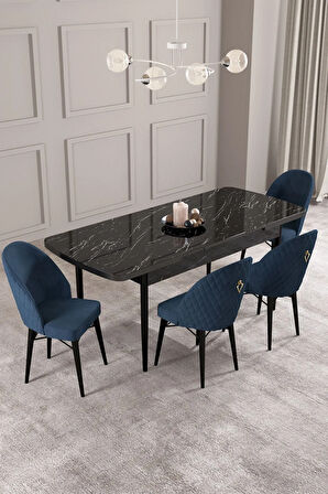 Calvin Siyah Mermer Desen 80x132 MDF Açılabilir Mutfak Masası Takımı 4  Sandalye