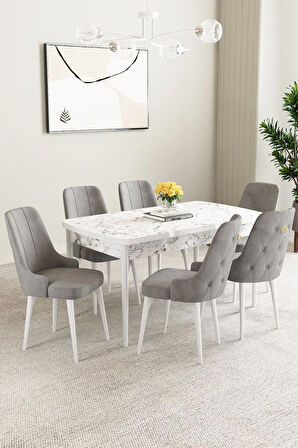 Elizya MDF Beyaz Mermer Desen Açılabilir 80x132 Cm 4 Sandalyeli Mutfak Masası Takımı