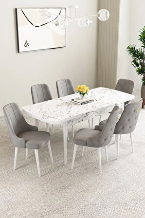 Elizya MDF Beyaz Mermer Desen Açılabilir 80x132 Cm 4 Sandalyeli Mutfak Masası Takımı