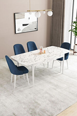 Fonza Beyaz Mermer Desen 80x132 MDF Açılabilir Mutfak Masası Takımı 4  Sandalye