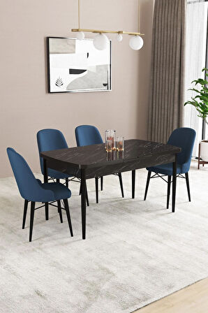 Fonza Siyah Mermer Desen 80x132 MDF Açılabilir Mutfak Masası Takımı 4  Sandalye